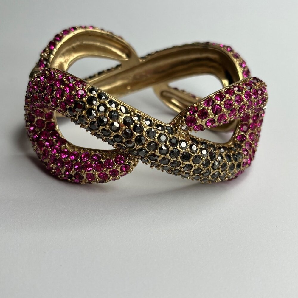 JESSICA SIMPSON INFINITI RHINESTONE WIDE CUFF GOLDTONE BRACELET PINK AND BLACK